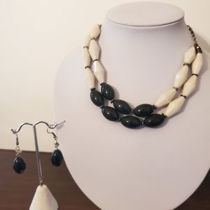 Black and Ivory Beaded Necklace & Earring Set